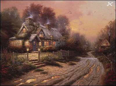 トーマス キンケード 絵画 TEACUP COTTAGE 保証書付き 1996年 Thomas Kinkade - Teacup Cottage - Christ-Centered Art
